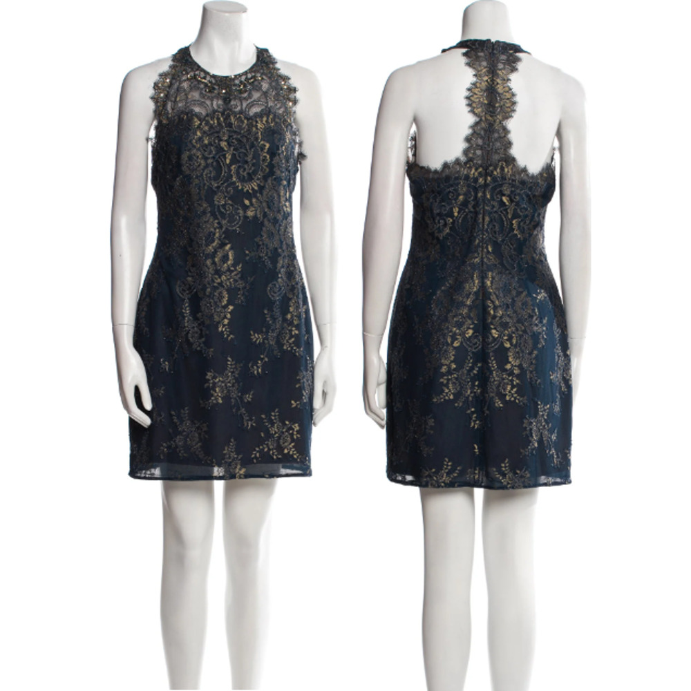 Marchessa Notte Lace Embellished Sleveless Mini Dress Blue Metallic Women's 2